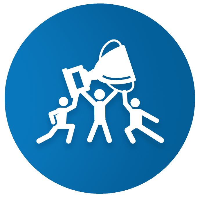 Icon of three figures holding up a trophy, symbolizing teamwork and achievement, outlined in white on a blue background.