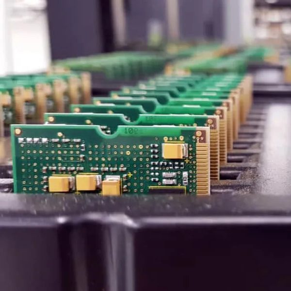Row of identical green circuit boards with gold connectors arranged in a black tray inside an electronics facility.