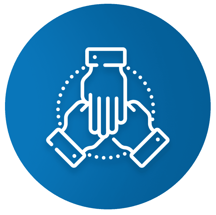 Icon depicting three hands clasping each other in a circular formation, outlined in white on a solid blue background.