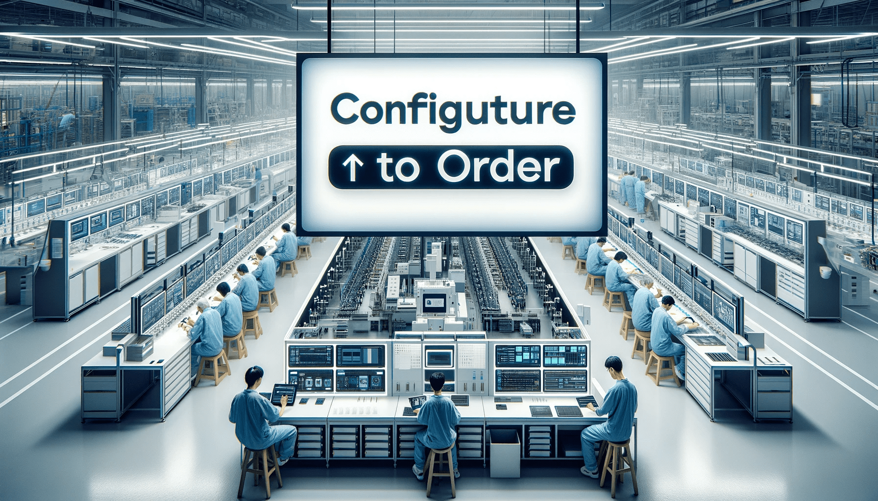 Futuristic electronics factory with rows of workers at computer stations under a large Configure to Order sign.