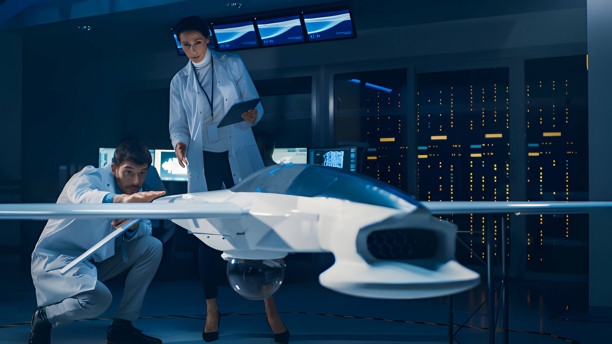 Engineers in lab coats inspect futuristic drone aircraft prototype in high tech lab with computer monitors and servers.