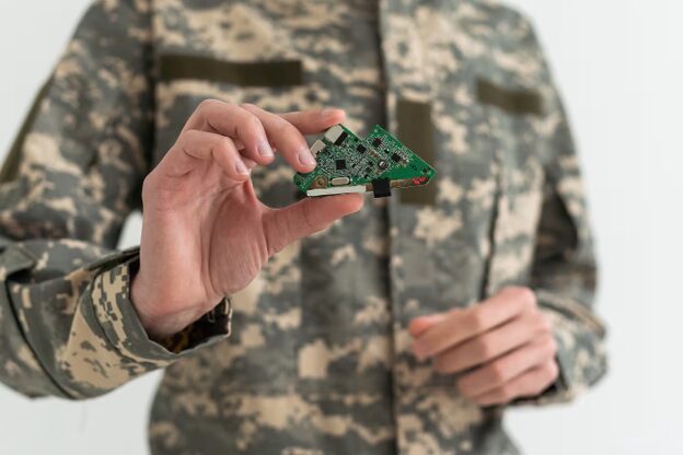 Soldier in camouflage uniform holding a small green circuit board, highlighting military use of advanced electronics.