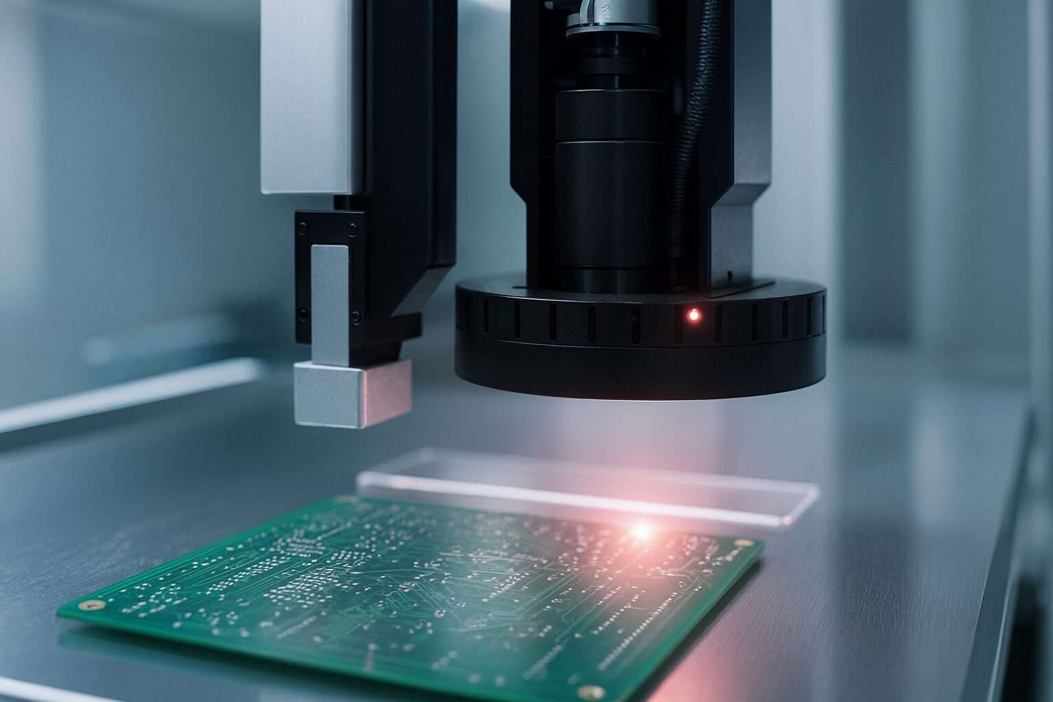 Automated optical inspection machine with red laser scanning a green circuit board on a metal surface in a clean lab.