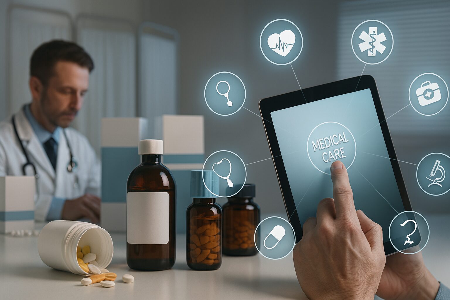 Person using a medical care tablet app near pill bottles, with a doctor in the background representing healthcare.