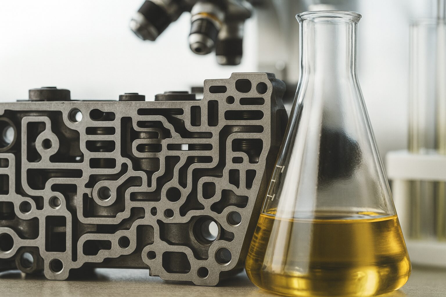Closeup of an automotive metal valve body beside a lab flask filled with golden oil used for testing lubrication.