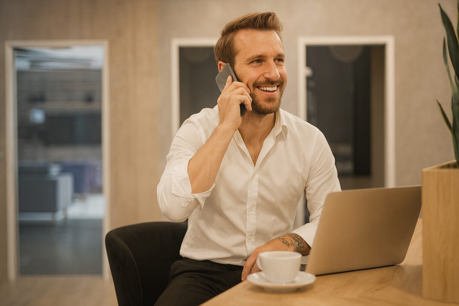 Smiling businessman in white shirt talks on smartphone at cafe table with laptop and coffee cup in modern office.