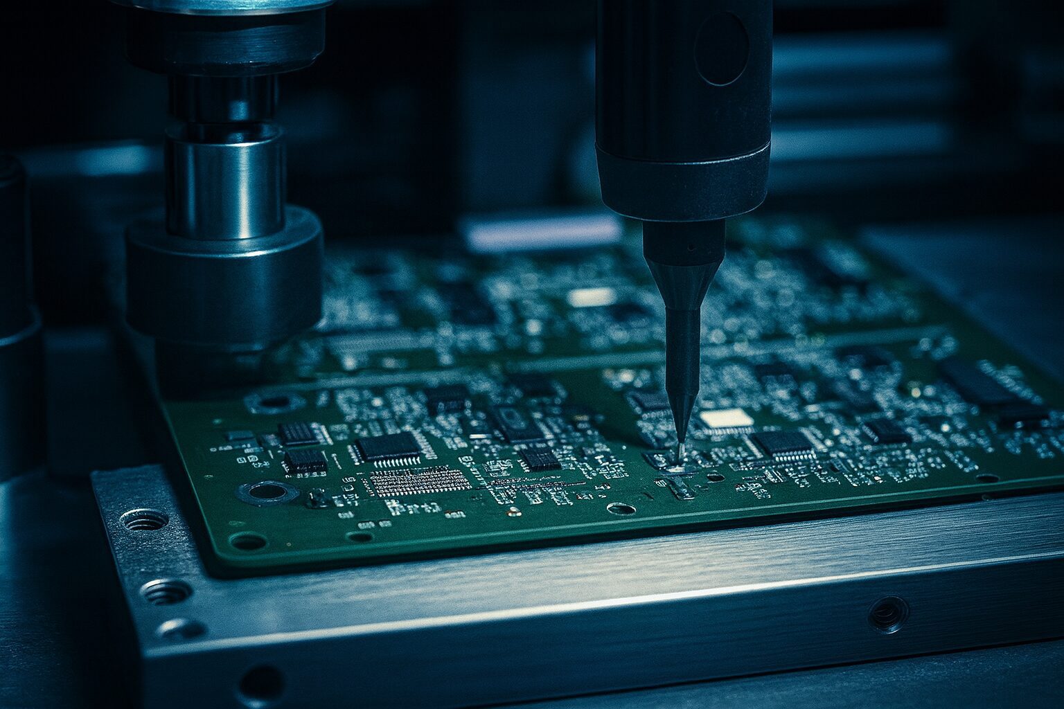 Automated machinery soldering components onto a green printed circuit board during electronic manufacturing process.