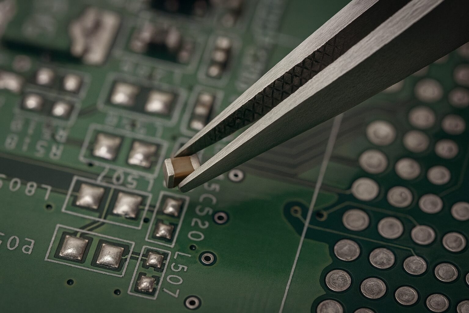 Closeup of metal tweezers placing a tiny electronic component onto a green printed circuit board with silver pads.
