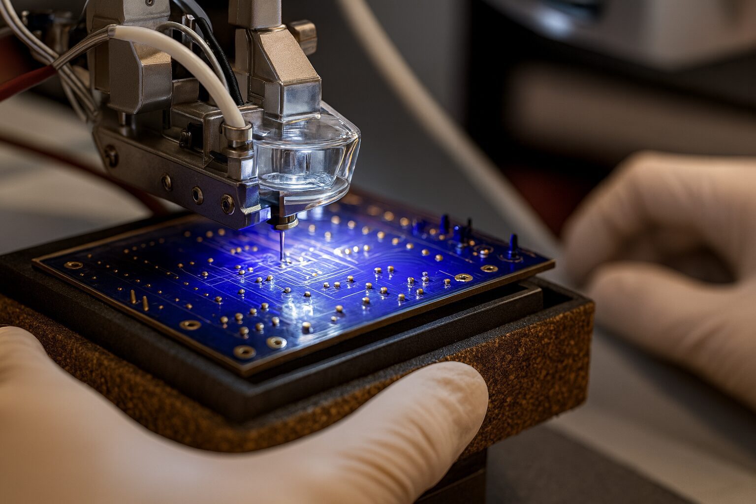 Gloved hands operate precision machine soldering a blue circuit board under bright light in an electronics lab.