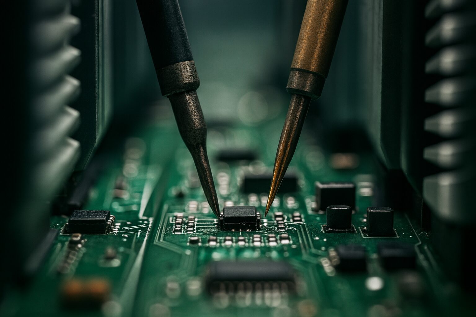 Close-up of two metal test probes touching tiny chip on green circuit board, inspecting electronic connections for faults.