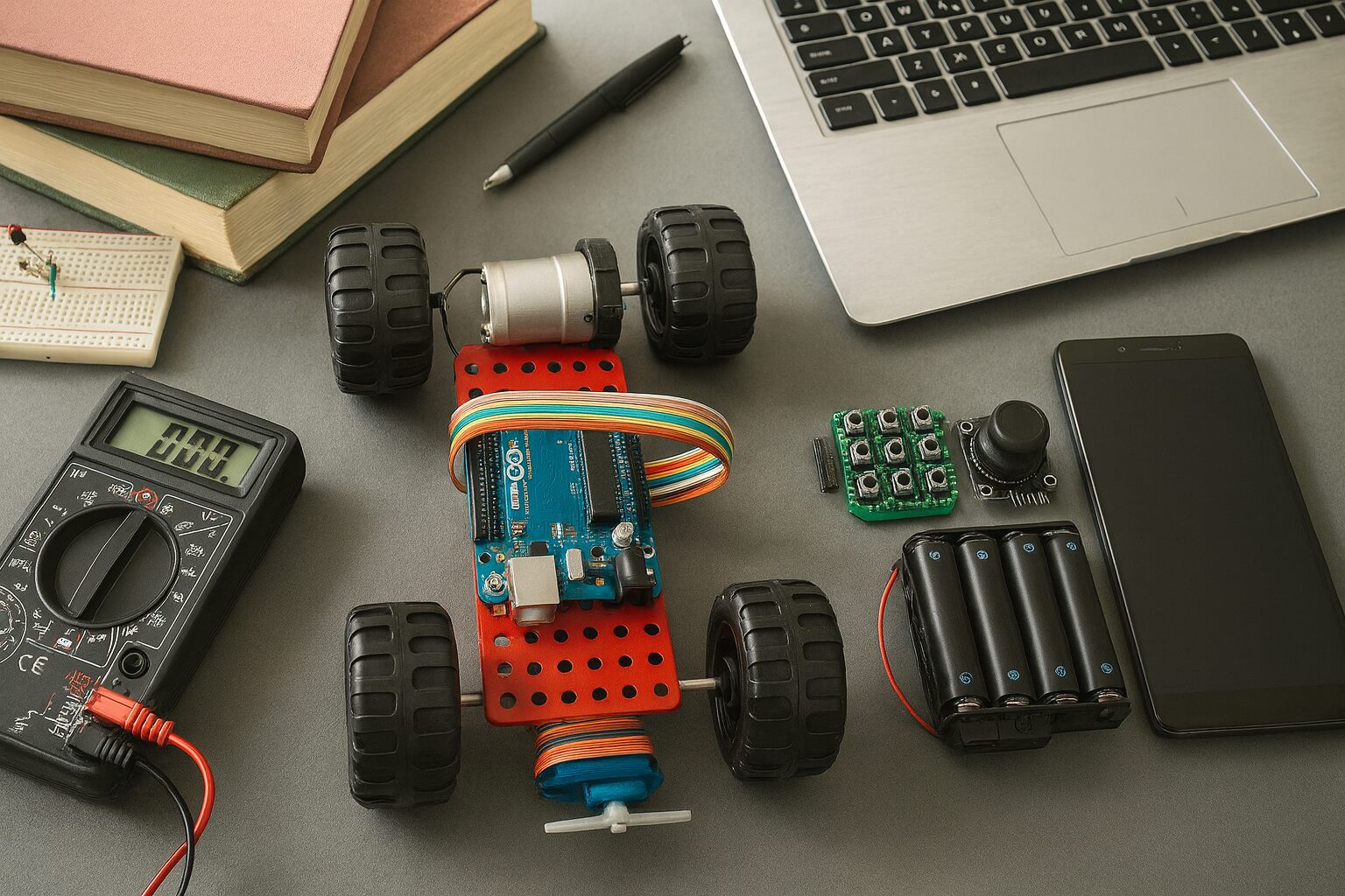 Desk with Arduino robotic car project, multimeter, batteries, laptop, smartphone and electronics parts for learning.