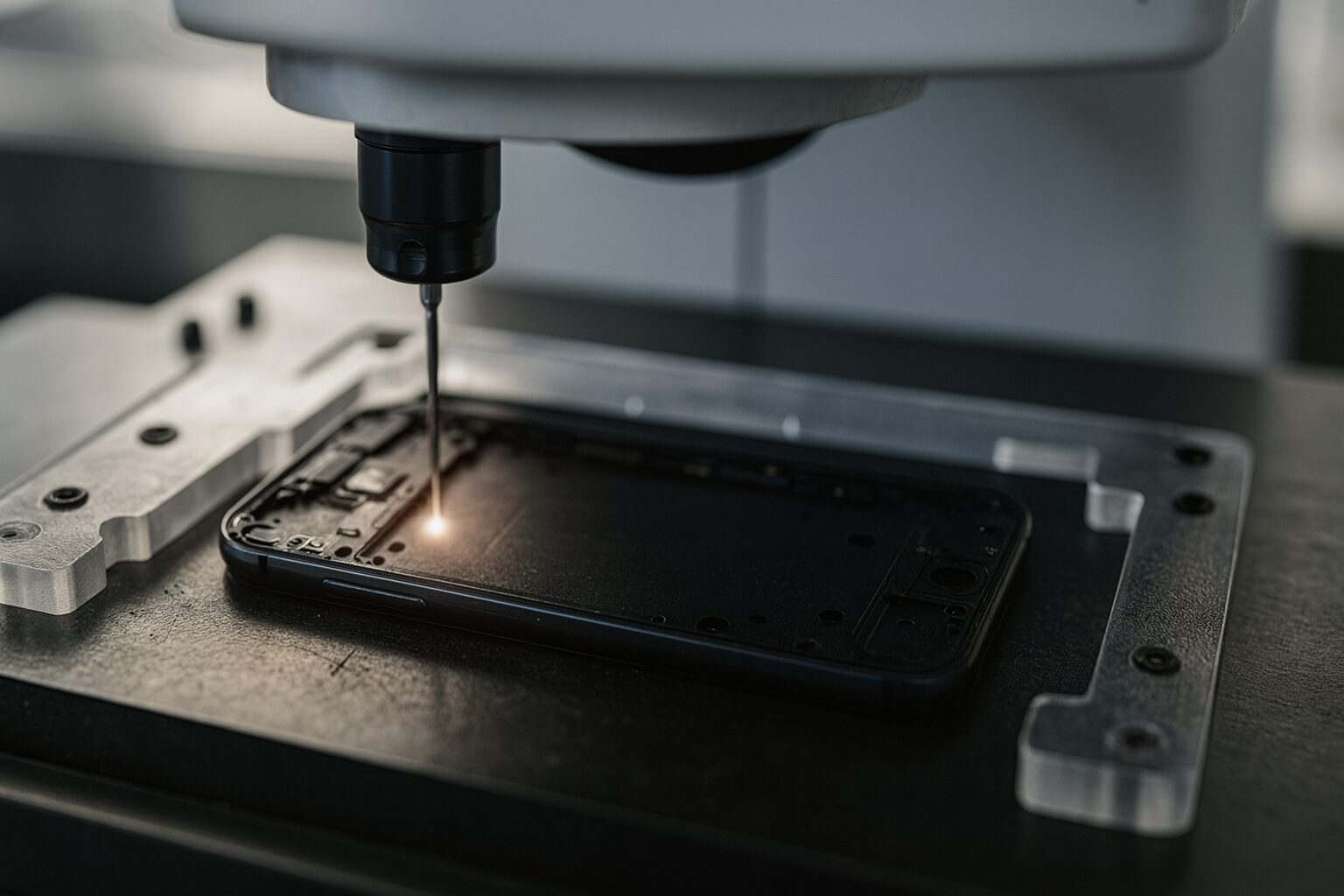 Automated precision drilling machine working on a smartphone frame, emitting a small bright light during fabrication.