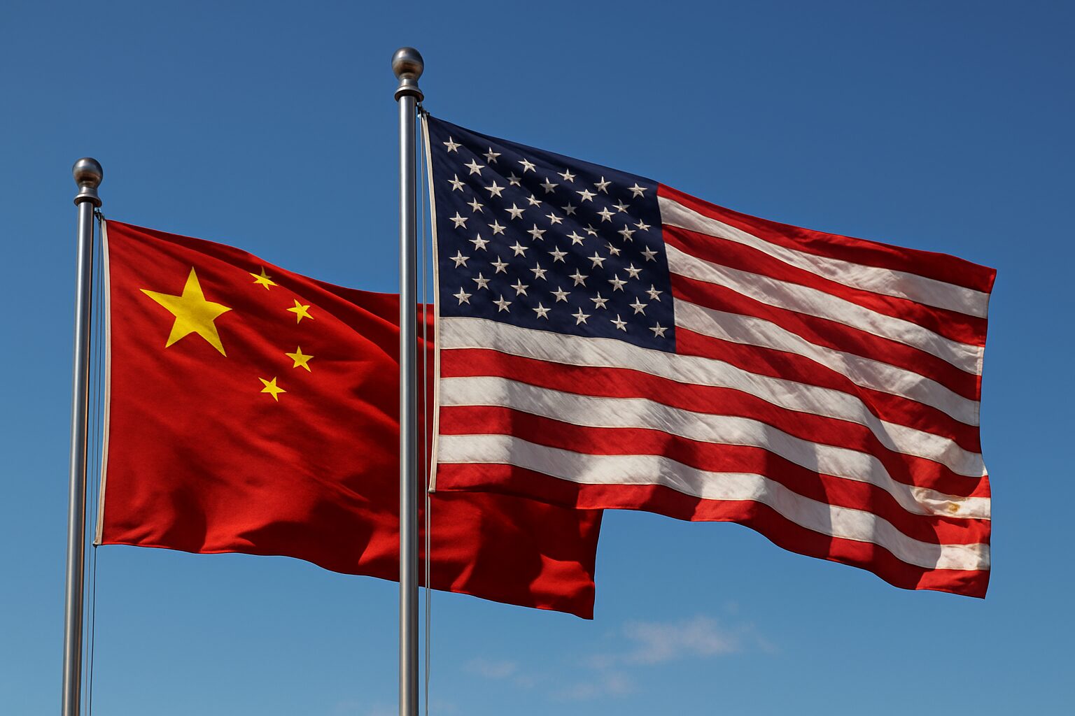 Chinese and American flags on tall flagpoles waving side by side against clear blue sky, representing diplomatic ties.