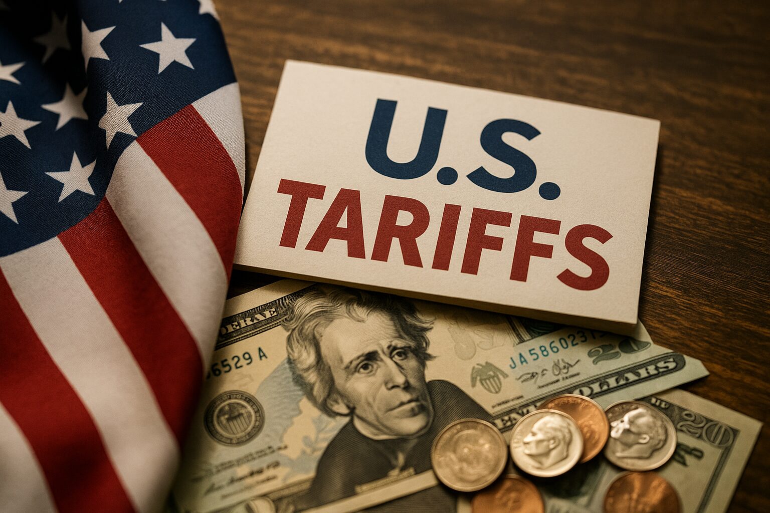 US flag beside card labeled U.S. Tariffs with dollar bills and coins on wooden table symbolizing trade policy.