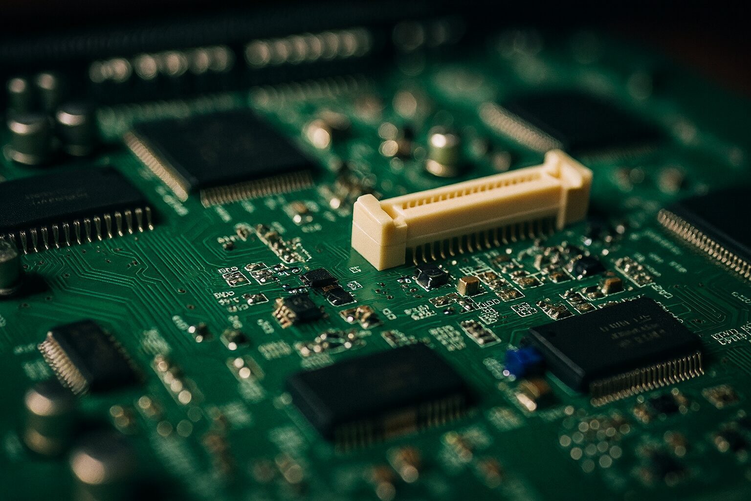 Close-up of a green printed circuit board with microchips and a beige connector, showing detailed electronic components.