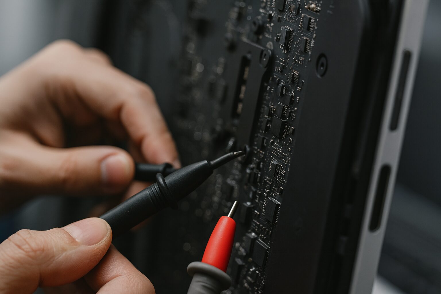 Technician’s hands using black and red multimeter probes to test components on a vertical computer circuit board.