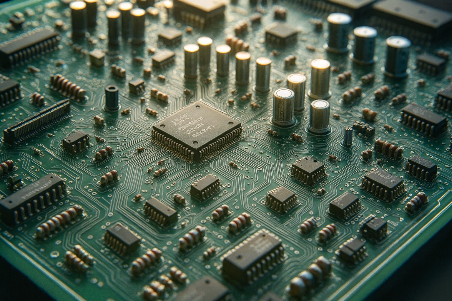 Closeup of an illuminated green circuit board densely packed with microchips, capacitors and resistors in rows.