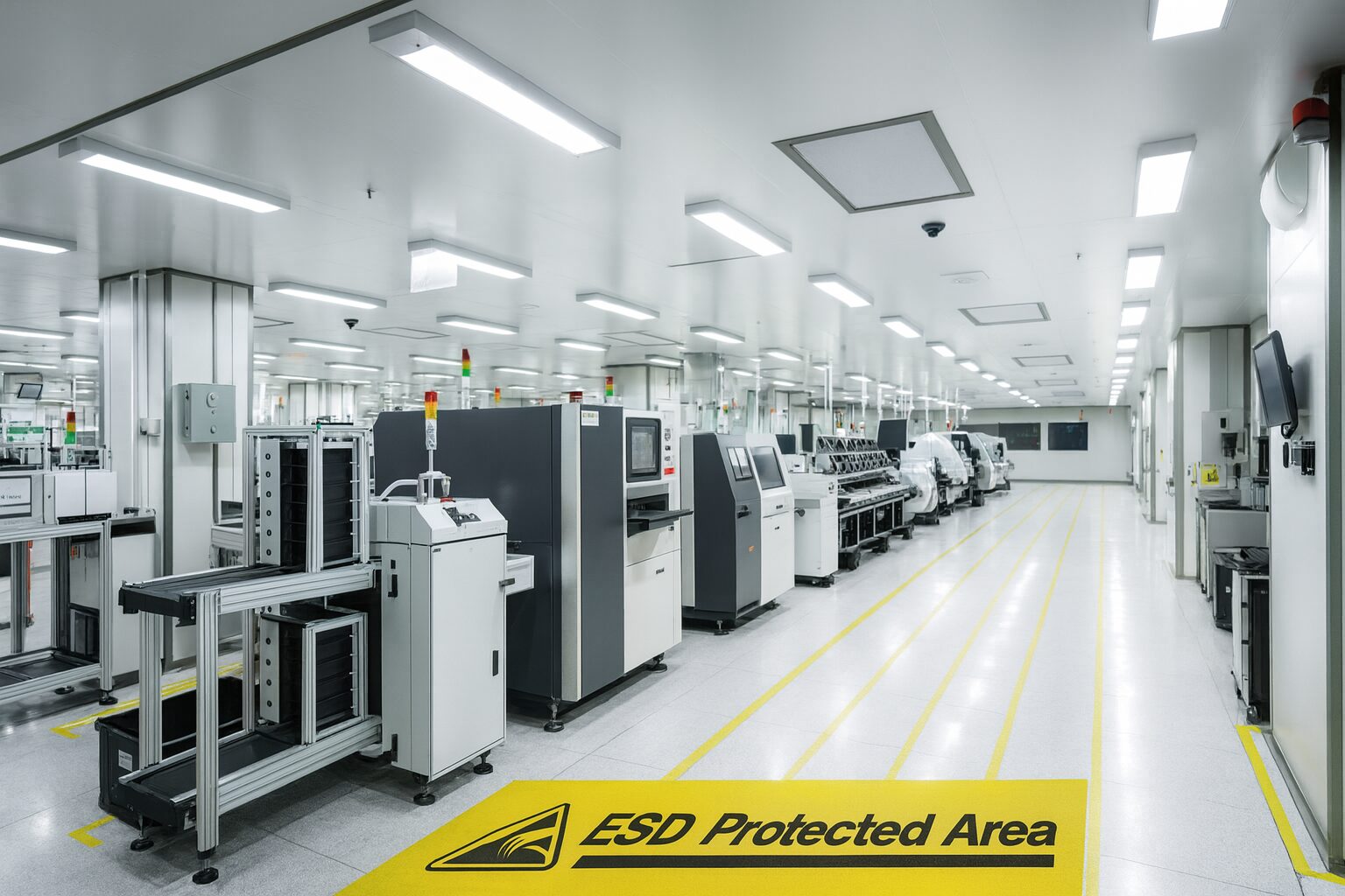 Bright electronics cleanroom with SMT production machines lined along floor marked ESD Protected Area in yellow.