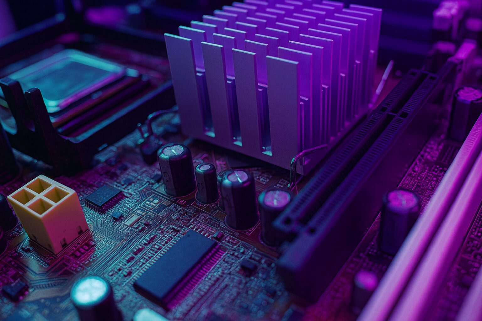 Close-up of a computer motherboard with a large heatsink and components glowing under purple and blue neon lighting.
