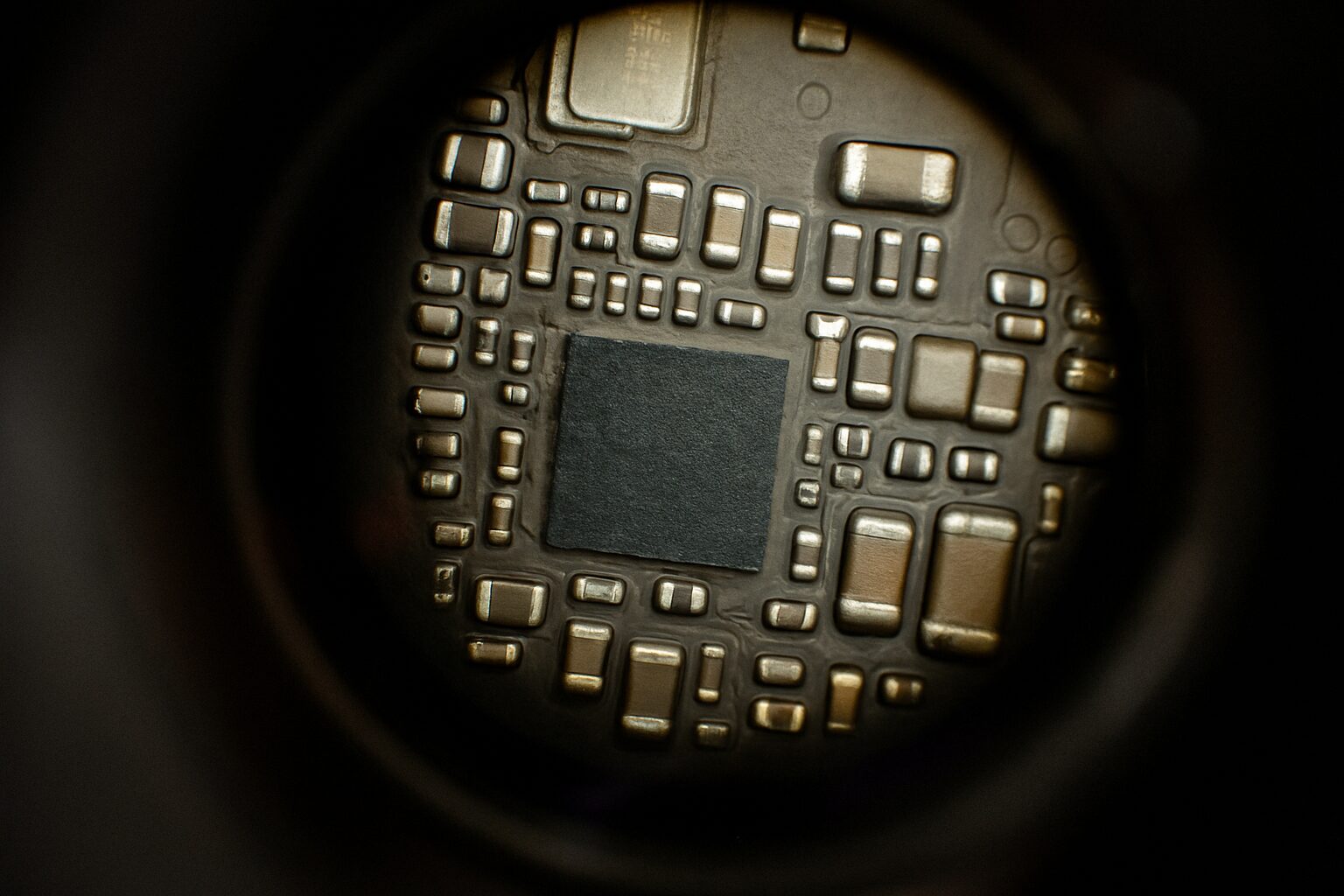 Magnified view of a microchip showing central black square and surrounding tiny metallic components on circuit board.