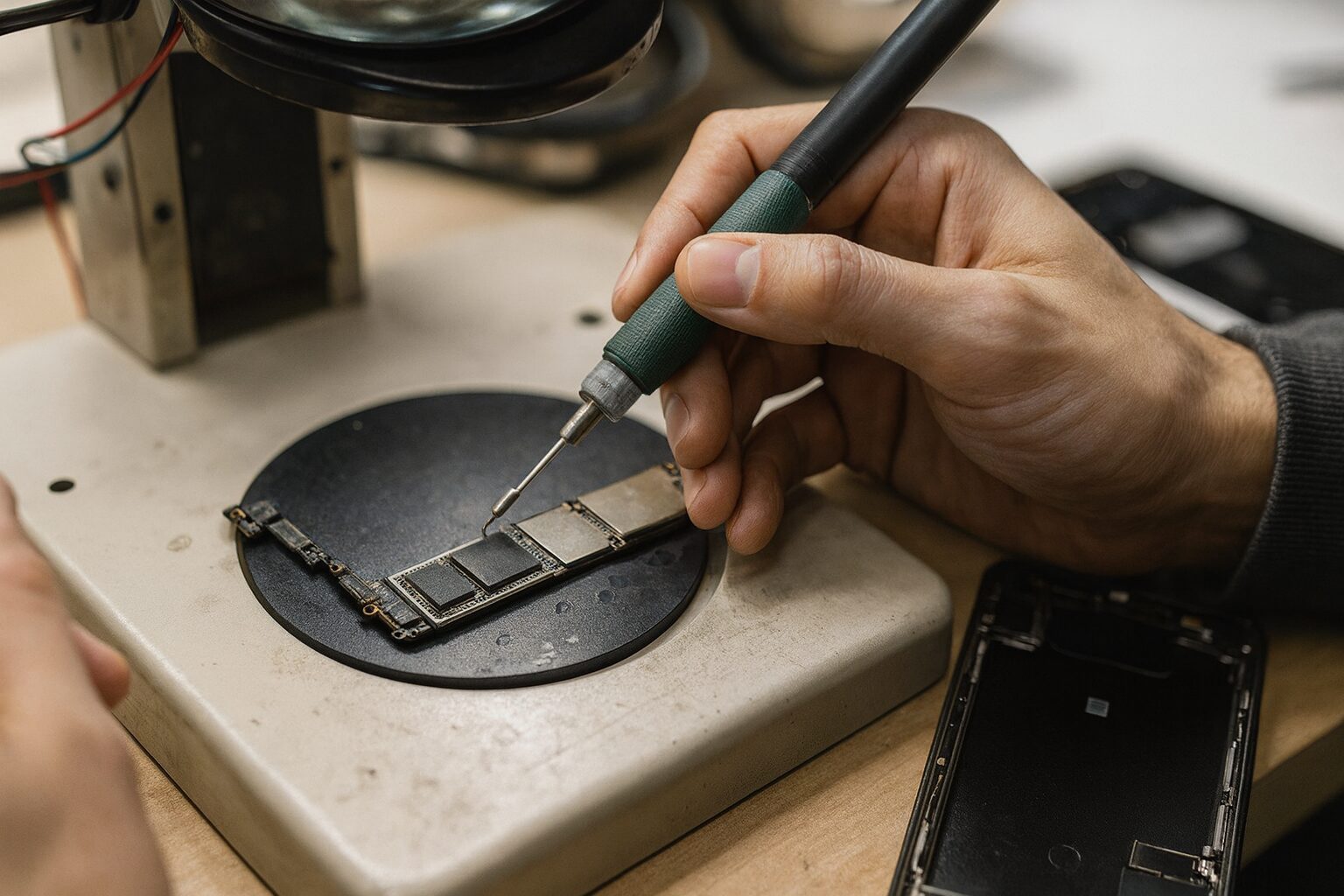 Technician uses precision soldering iron to repair smartphone circuit board under magnifier on electronics workbench.