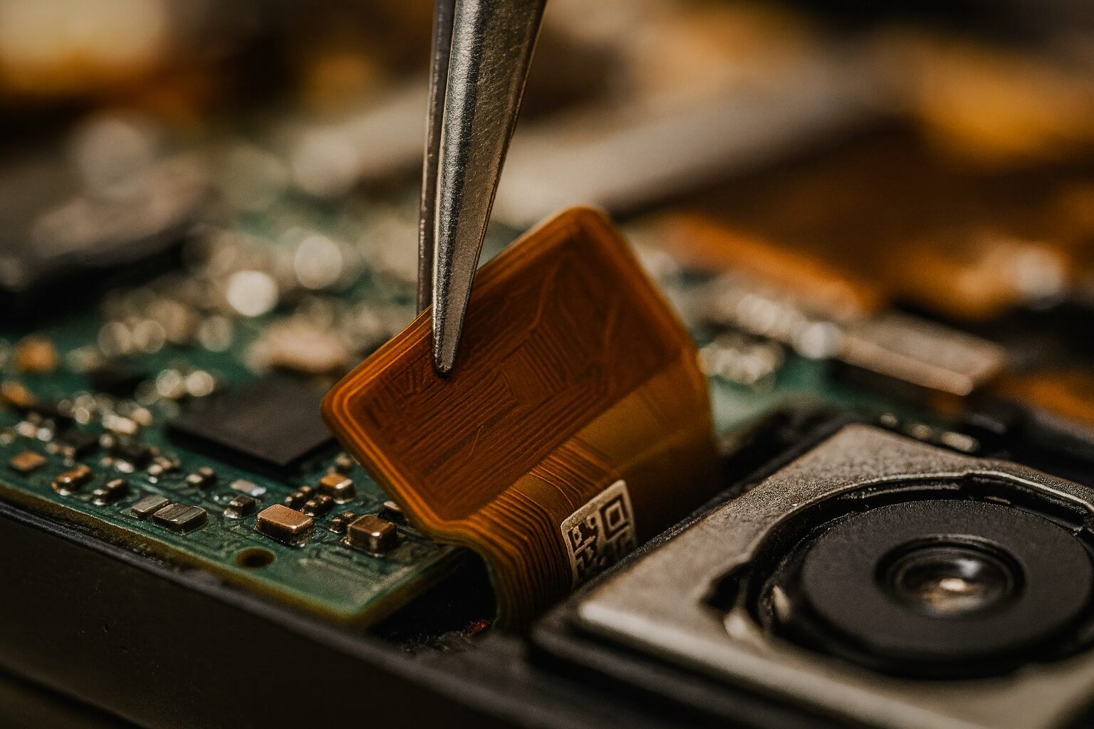 Closeup of tweezers lifting a flexible ribbon cable from a smartphone circuit board near the rear camera module.