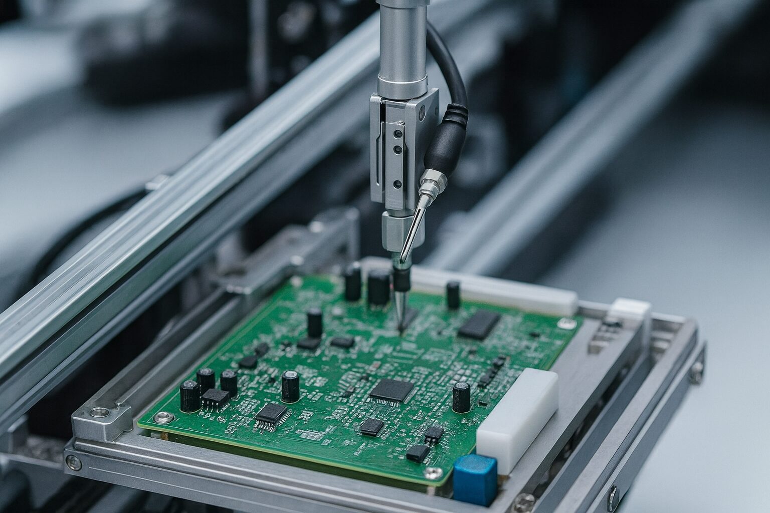 Close up of an automated robotic soldering machine working on a green circuit board in a modern electronics factory.