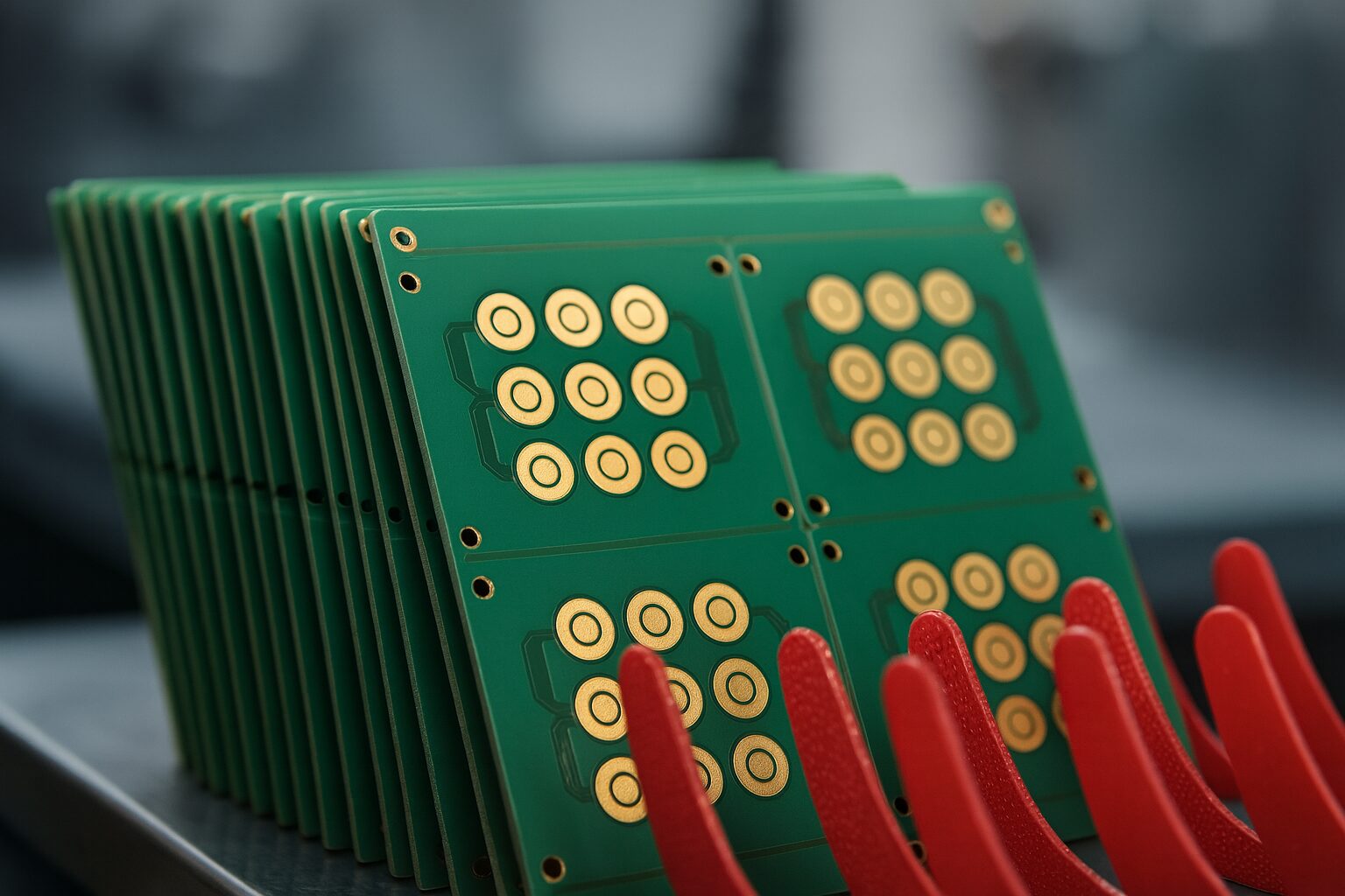 Stack of green printed circuit boards with gold circular pads held upright in red rack in electronics production area.