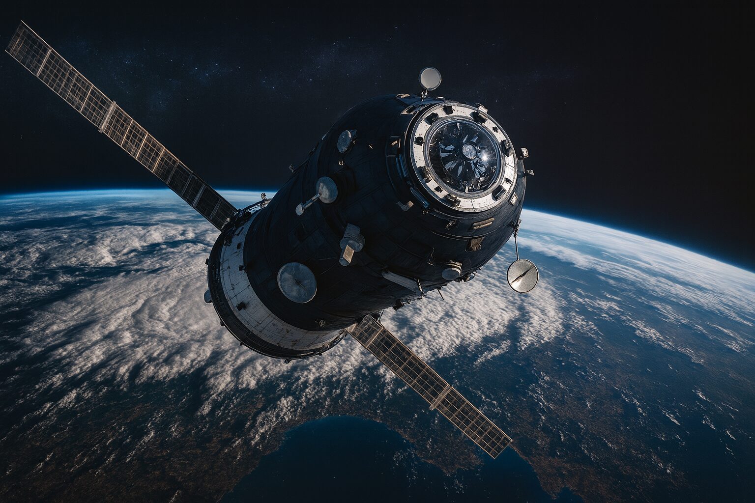 Satellite with solar panels orbiting above Earth, showing blue atmosphere, landmasses and clouds against black space.