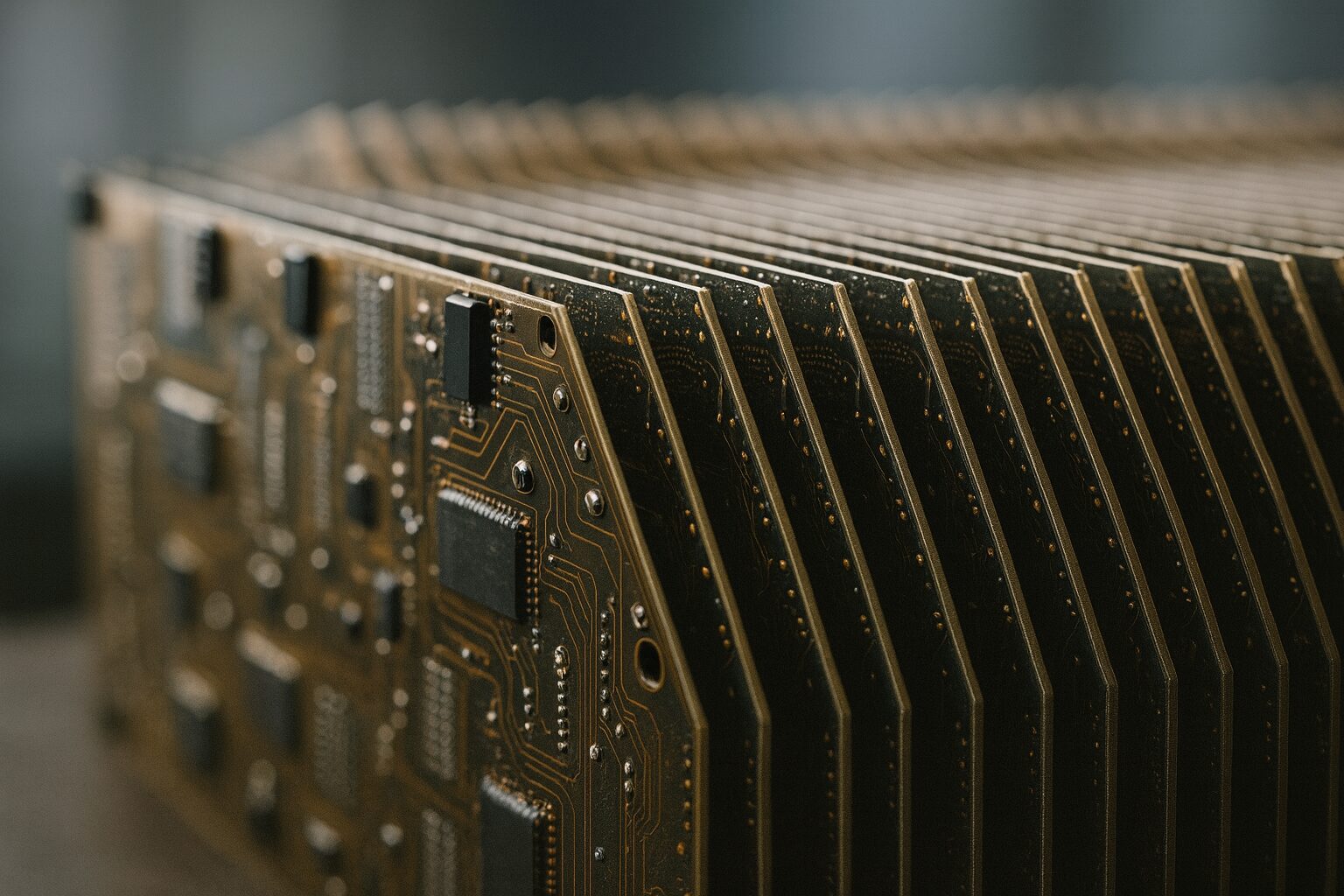 Vertically stacked printed circuit boards with gold traces and black chips aligned closely in an electronics rack.