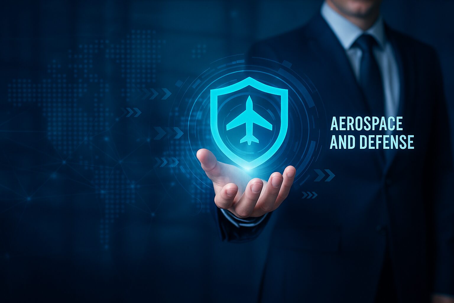 Businessman in suit holds glowing shield with airplane icon and text Aerospace and Defense on dark digital background.