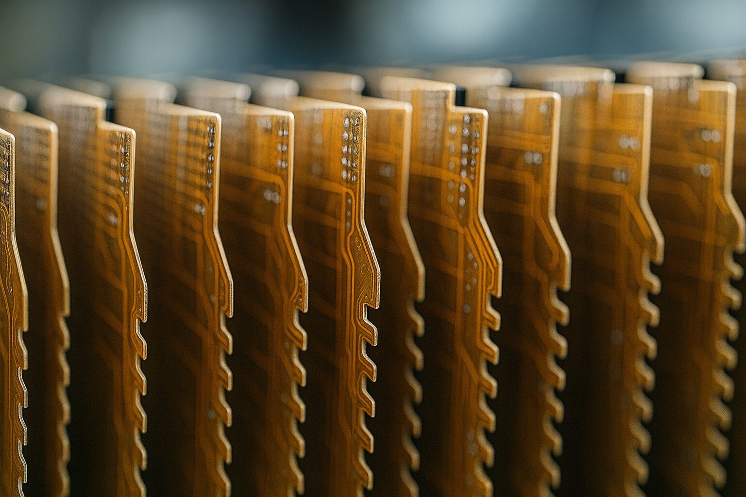 Rows of vertical flexible printed circuit boards with copper traces standing in a manufacturing rack, lit in focus.
