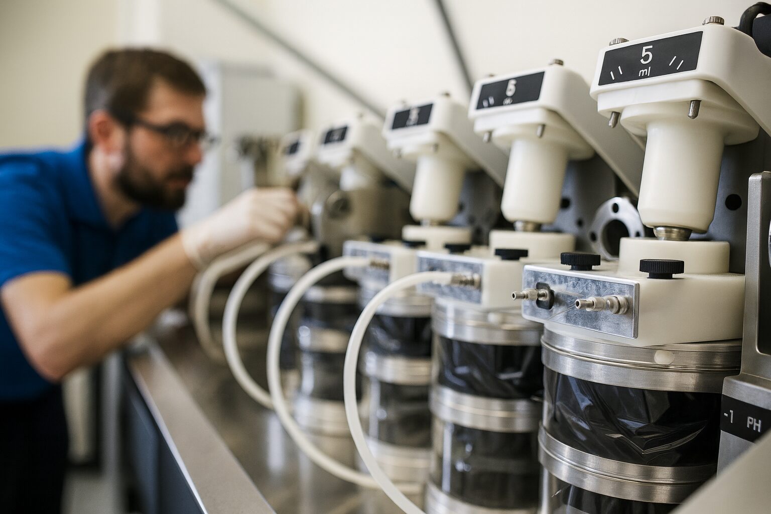 Lab technician in blue shirt adjusts row of 5 ml dosing machines with tubes and containers on stainless counter.