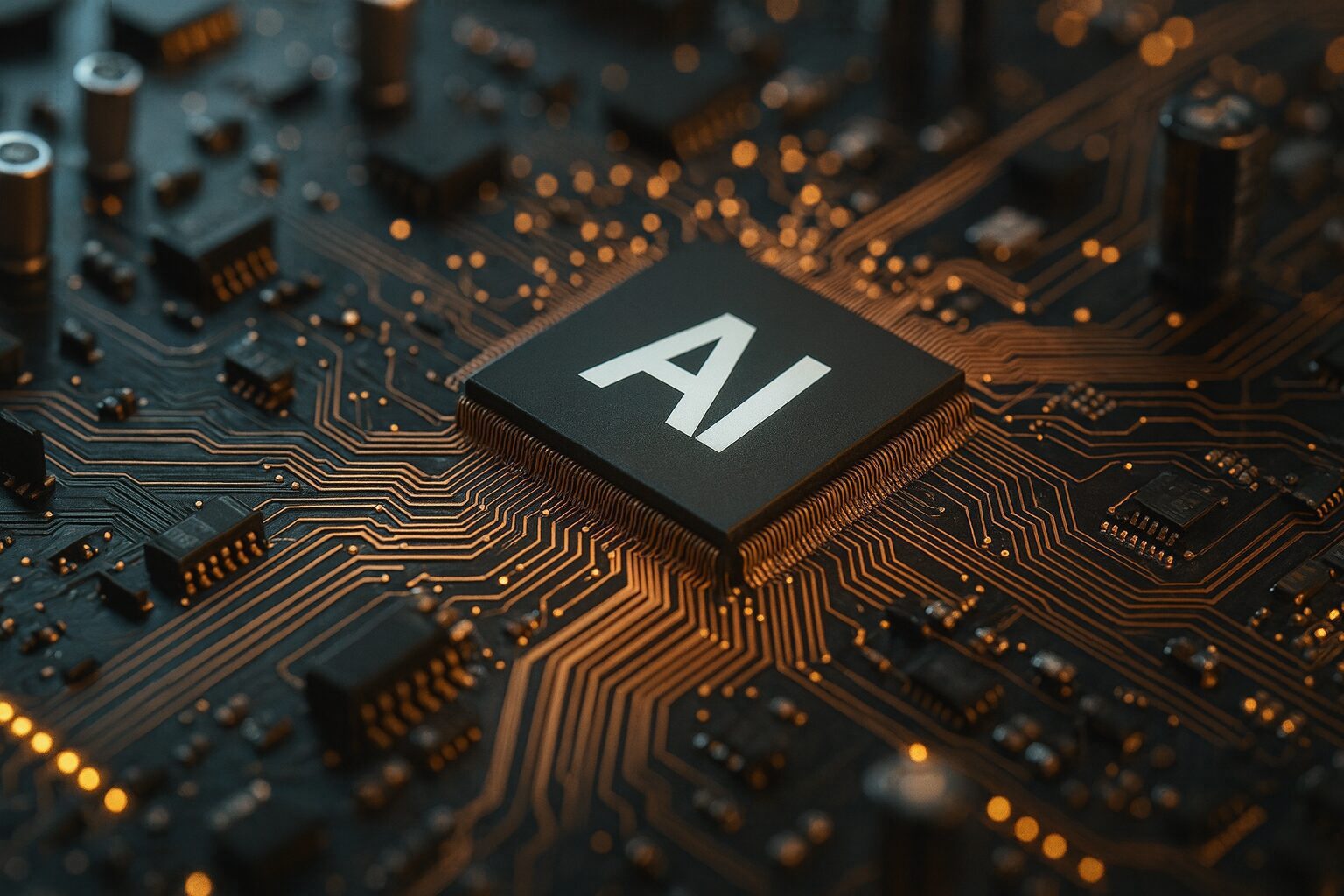Close-up of black AI chip on glowing circuit board with copper traces symbolizing advanced artificial intelligence.